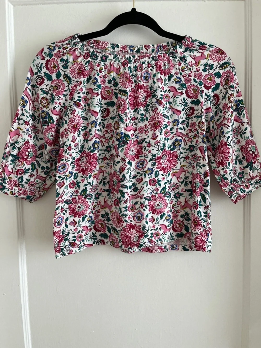 Girls Size 8 Whimsical Spring Horse Deer Rabbit Print Pink 3/4 Sleeve Top Blouse